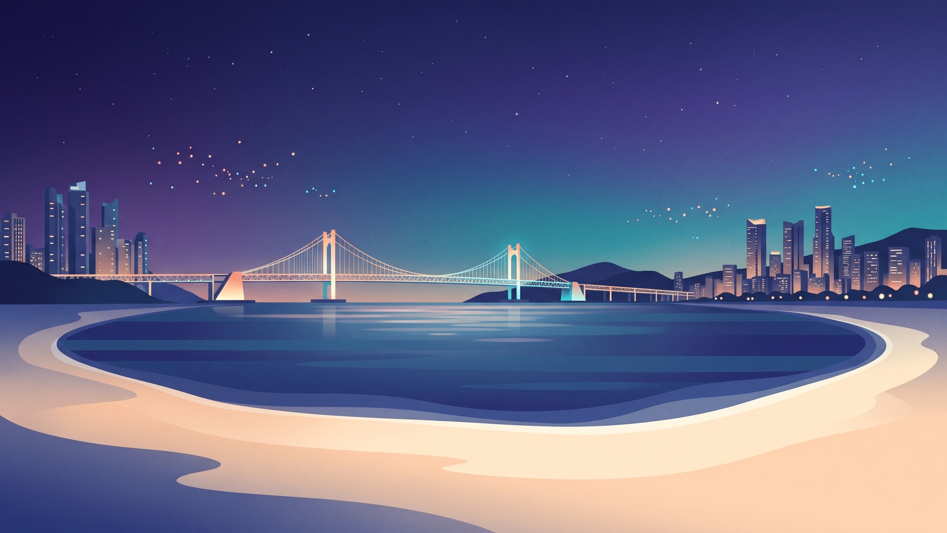 Illustration of Gwangan Bridge and the beach in Busan at night