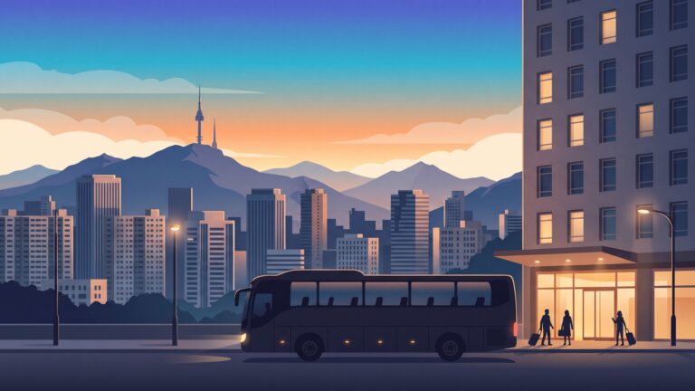Illustration of an airport limousine bus stopping at a Seoul hotel at dusk